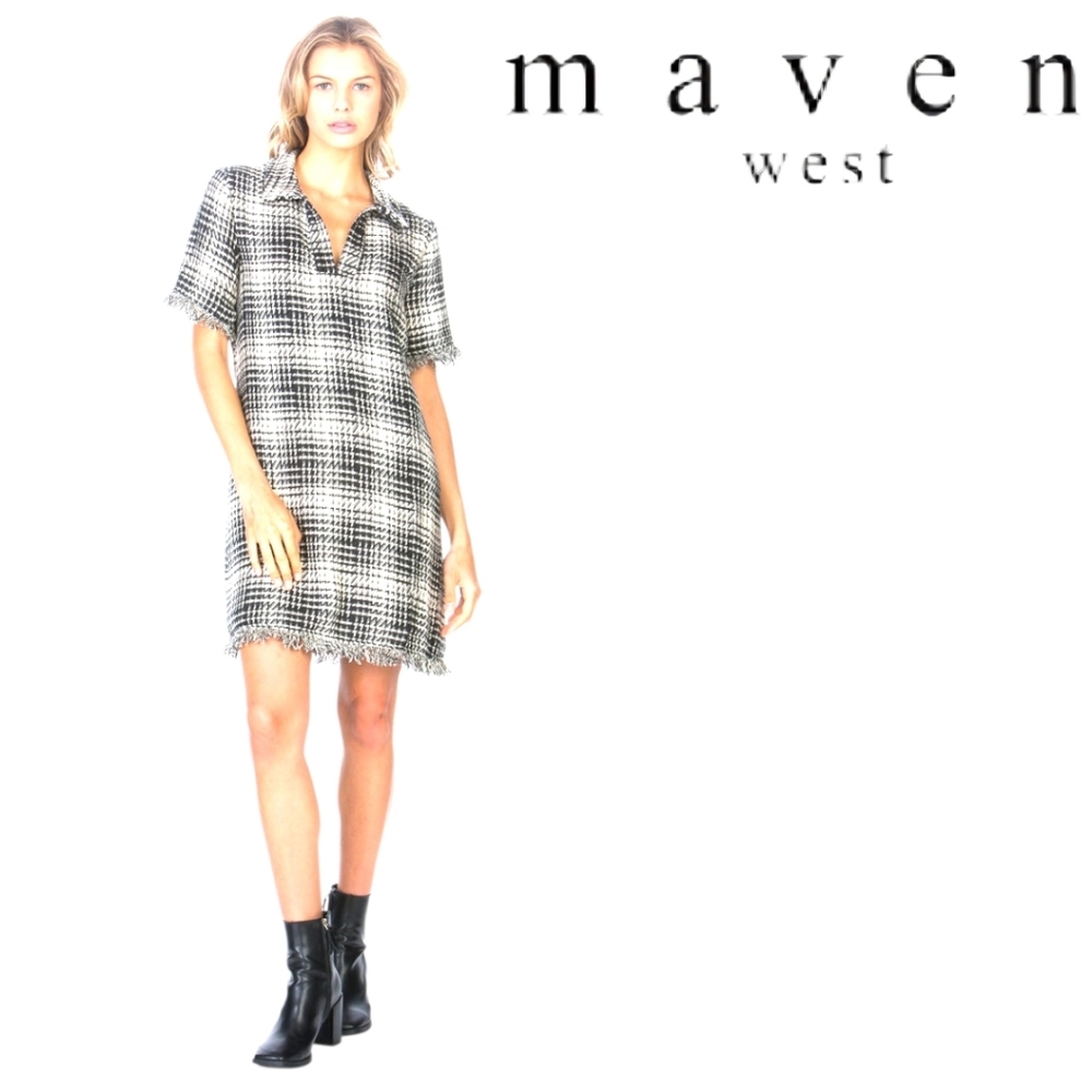 Maven West Black & Off-White Plaid Fray Mini Shirt Dress Short Sleeve Sz XS 🇺🇸